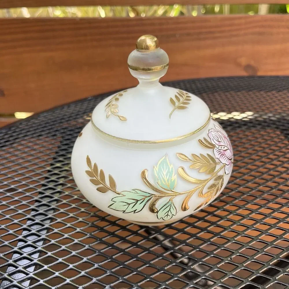 Vintage French Country Rose Jewelry Covered Trinket Dish Frosted Glass Goldleaf